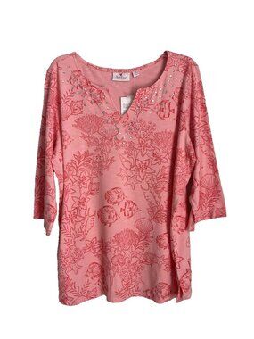 Quacker Factory Hot Coral Let's Get Tropical Embellished 3/4 Sleeve Top